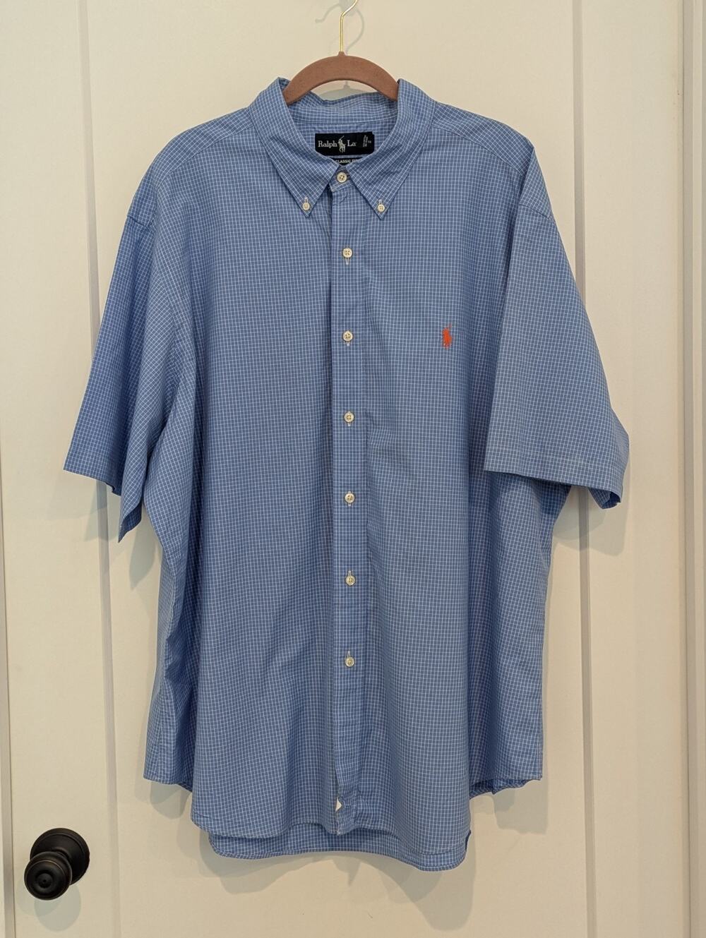 Ralph Lauren Mens XXL Blue Check SS Button Up Shirt Orange Pony Business